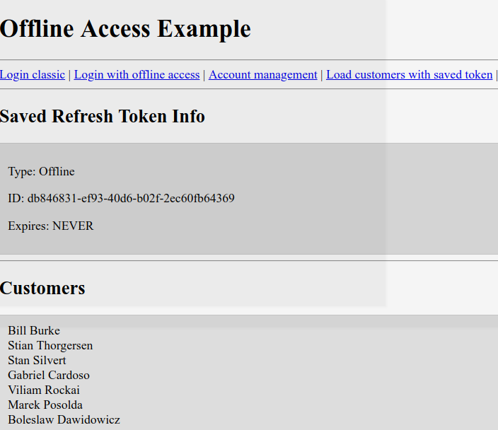 Examples of offline token usage in Keycloak